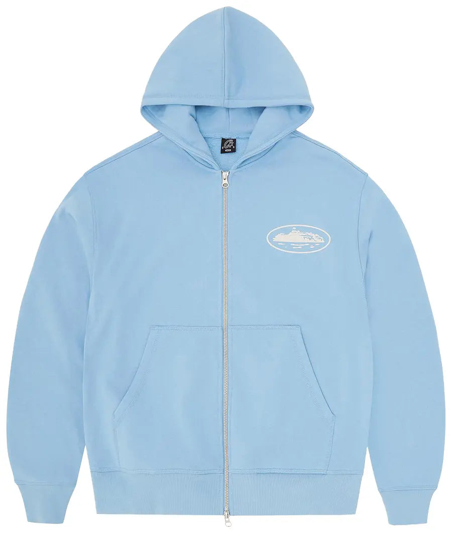 Corteiz Hoodie Zip Up Og Island Puff Print Baby Blue