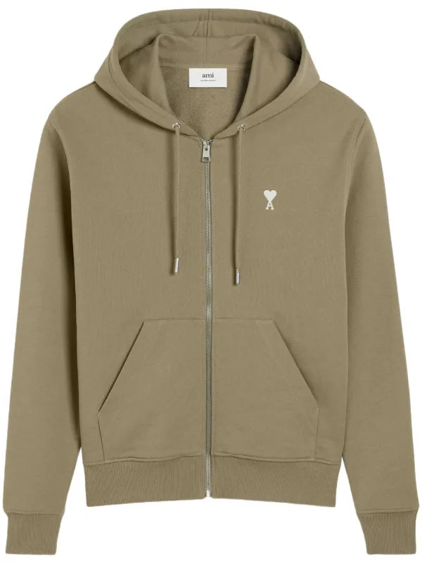 Ami Paris Zip Up Hoodie Ami De Coeur Olive Green