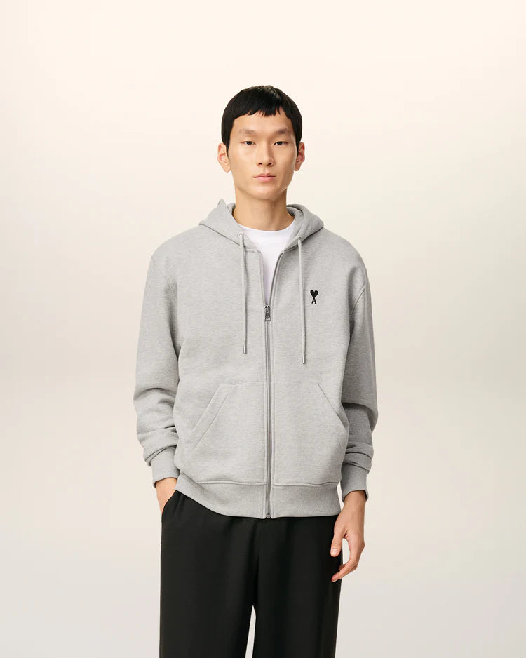 Ami Paris Zip Up Hoodie Ami De Coeur Ash Grey
